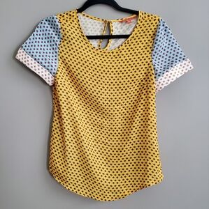 ModCloth Women's Short Sleeve Color Block Print Geo Blouse in Gold Yellow Size S